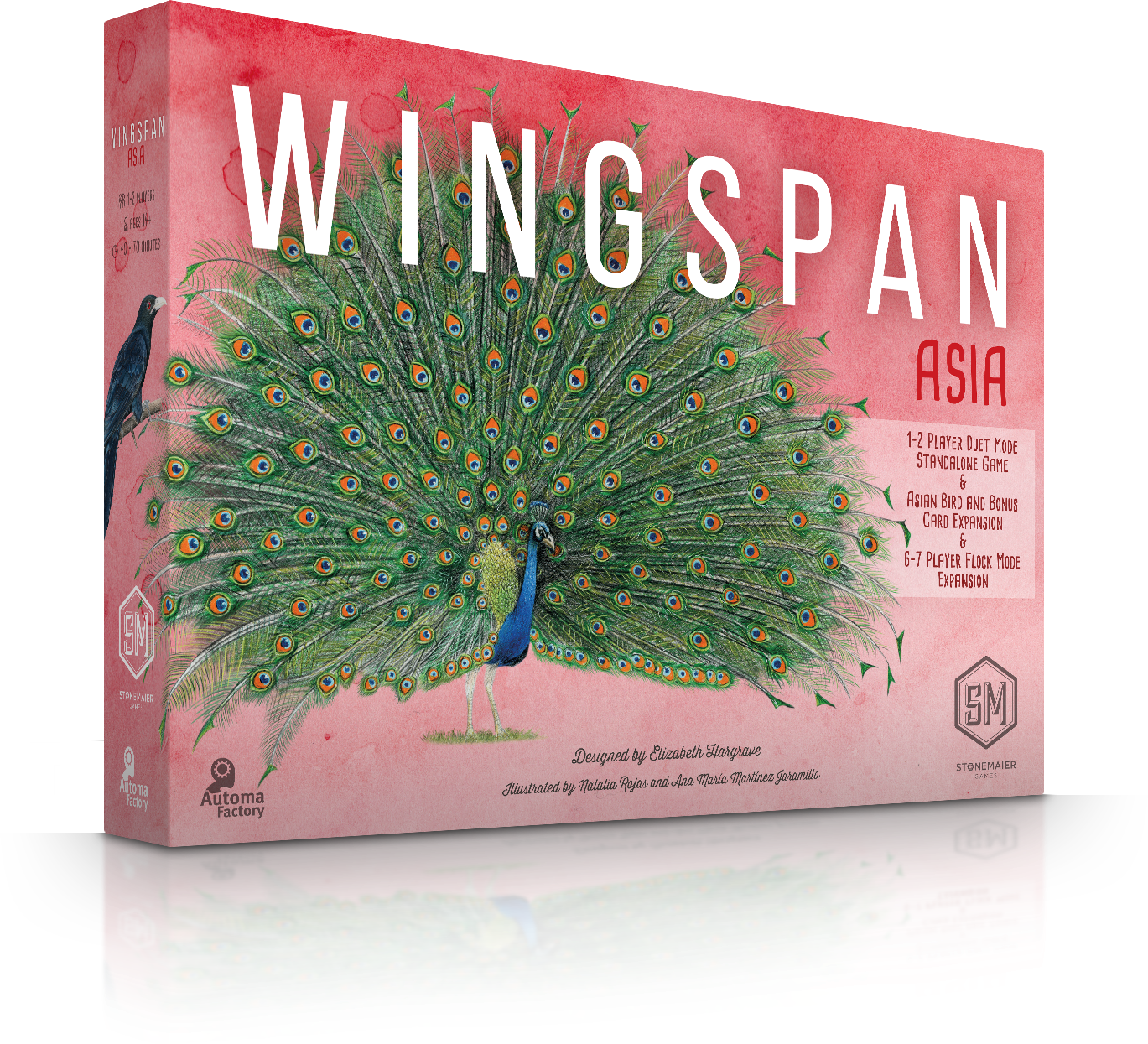 Wingspan Asia - Wingspan Asia board game box featuring a colorful peacock with vibrant green and blue feathers on a pink background.