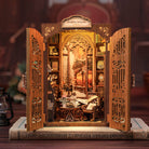 Bookshop Memories Book Nook (PREORDER) - Intricately detailed wooden book nook with open lattice doors revealing a cozy bookshop interior featuring miniature.