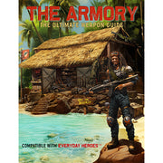Everyday Heroes, The RPG: The Armory (PREORDER) - Game cover for The Armory RPG guide showing a soldier holding a large rifle standing on a rock by tropical water in front of
