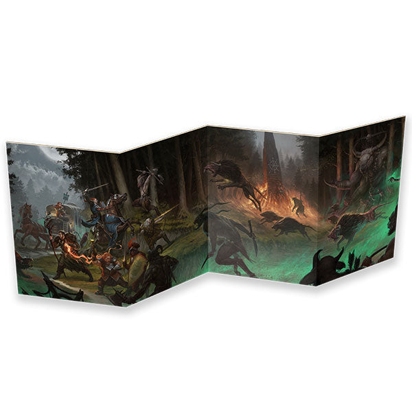 Warhammer: The Old World Roleplaying Game: Gamemaster's Screen (PREORDER) - Tri-fold Gamemaster's screen featuring dark fantasy artwork with warriors and monstrous creatures, vivid greens and fiery.