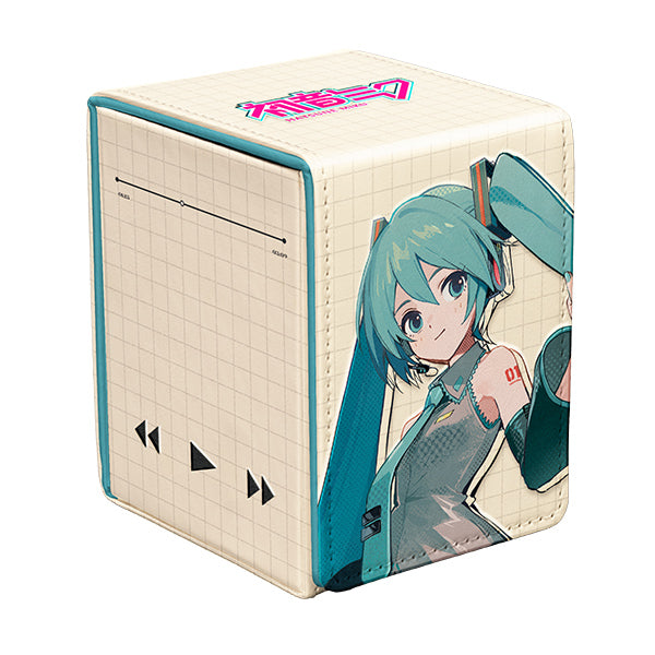 Ultra Pro Alcove Flip 100+ Deckbox: Hatsune Miku Retro Soundscapes (PREORDER) - Cube-shaped card deck box with cream grid pattern, teal trim, and Hatsune Miku anime character art.