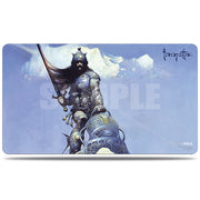 Ultra Pro Playmat: Frank Frazetta - Silver Warrior (PREORDER) - Rectangular playmat featuring a detailed fantasy illustration of a silver-armored warrior with a sword, set against a cloudy