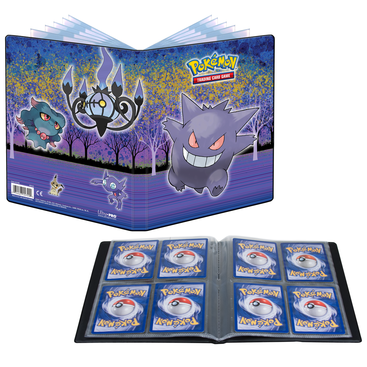 Ultra Pro 4-Pocket Portfolio: Pokémon - Gallery Series Haunted Hollow (PREORDER) - Blue and purple Pokémon 4-pocket binder with Gengar, Chandelure, and Misdreavus artwork, open to display card sleeves.