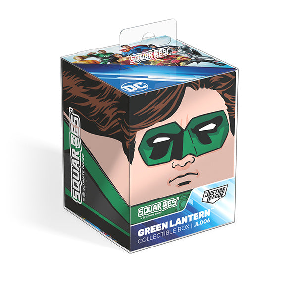 Squaroes: 100+ Deckbox - DC- Justice league- Wave I- Green Lantern - Cubical green plastic deck box with stylized Green Lantern face on front and DC Super Heroes logo on top.