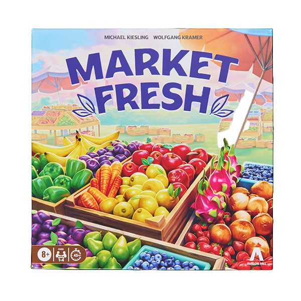 Market Fresh - Colorful board game box titled Market Fresh with illustrations of vibrant fruits and vegetables in wooden crates.
