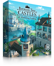 Between Two Castles Of Mad King Ludwig - Board game box with vibrant medieval castle artwork and blue sky, titled Between Two Castles of Mad King Ludwig.