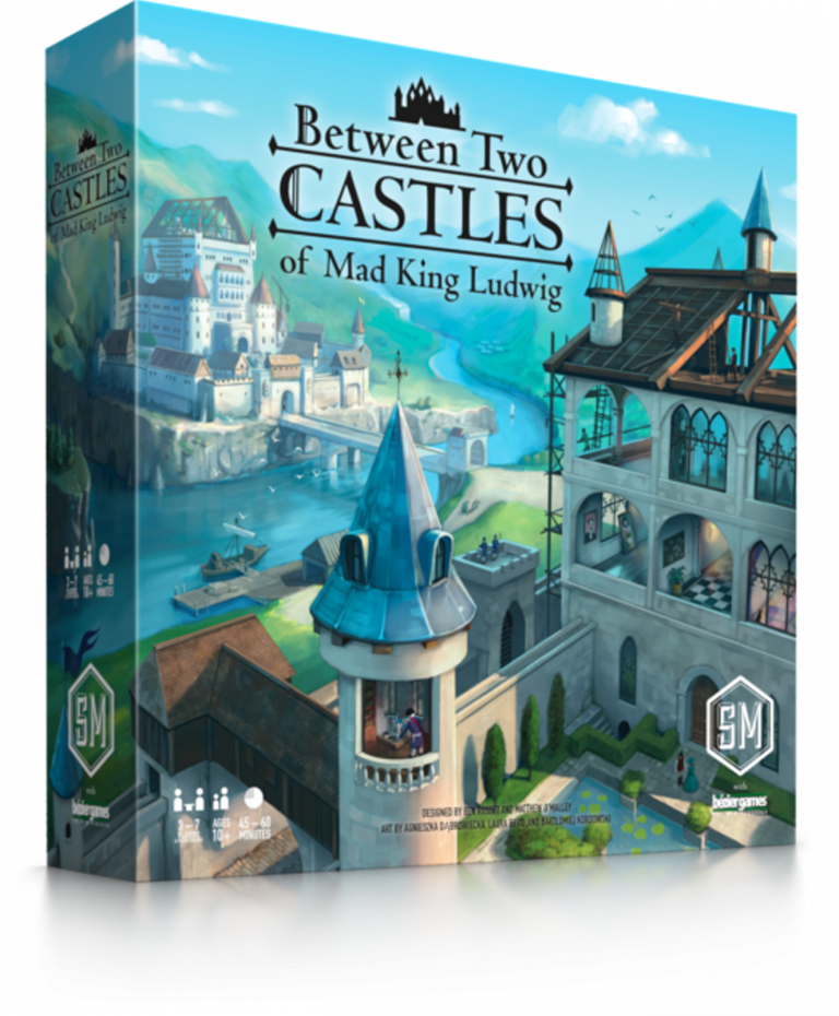 Between Two Castles Of Mad King Ludwig - Board game box with vibrant medieval castle artwork and blue sky, titled Between Two Castles of Mad King Ludwig.