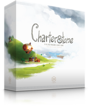 Charterstone - Charterstone board game box with rural village artwork on a green hill under a cloudy sky.