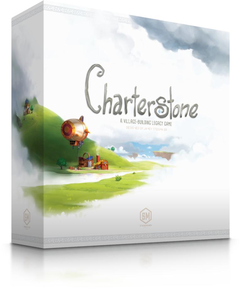 Charterstone - Charterstone board game box with rural village artwork on a green hill under a cloudy sky.