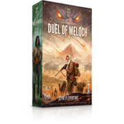 Duel of Meloch - Rectangular board game box with fantasy artwork showing two warriors facing each other amid a smoky battlefield with fiery.