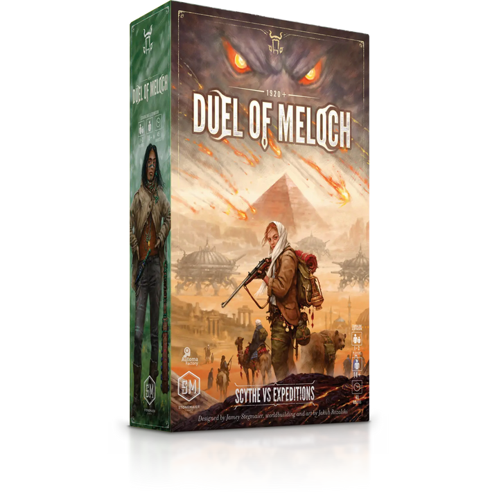 Duel of Meloch - Rectangular board game box with fantasy artwork showing two warriors facing each other amid a smoky battlefield with fiery.
