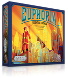 Euphoria Essential Edition (PREORDER) - Colorful board game box with futuristic cityscape and stylized characters on bright orange background.