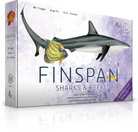 Finspan: Sharks & Reefs (PREORDER) - Rectangular game box with a grey shark and colorful fish illustration on a white background with purple accents, titled.