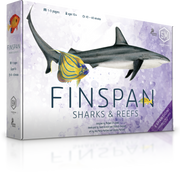 Finspan: Sharks & Reefs (PREORDER) - Rectangular game box with a grey shark and colorful fish illustration on a white background with purple accents, titled.