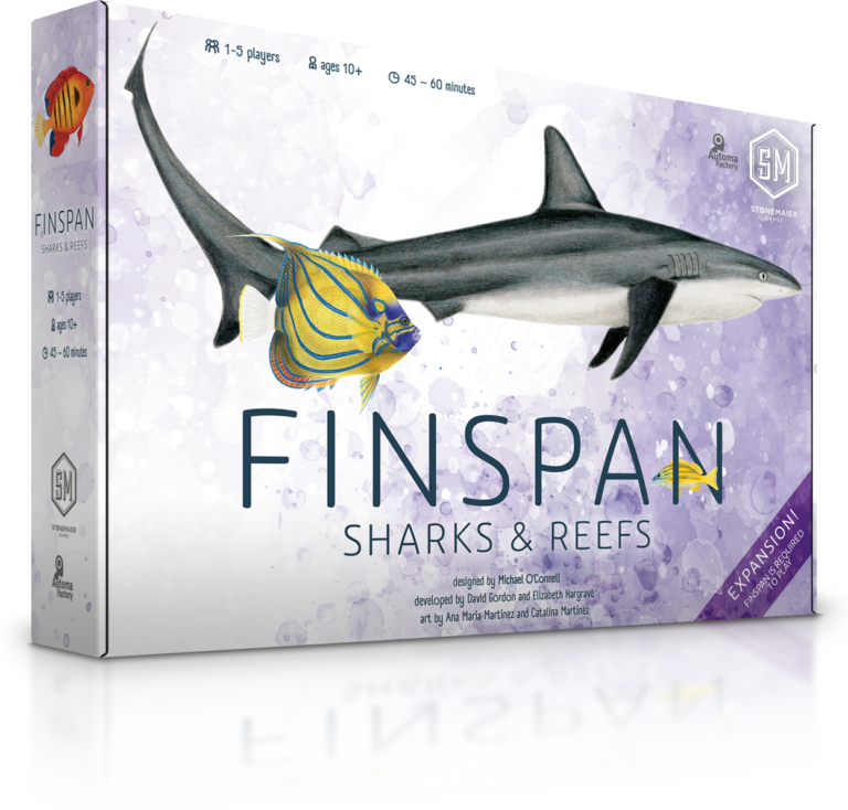 Finspan: Sharks & Reefs (PREORDER) - Rectangular game box with a grey shark and colorful fish illustration on a white background with purple accents, titled.
