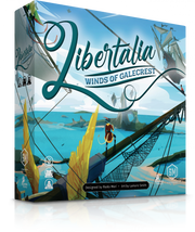 Libertalia - Libertalia board game box featuring pirate ship artwork on blue ocean background with seagulls and islands.