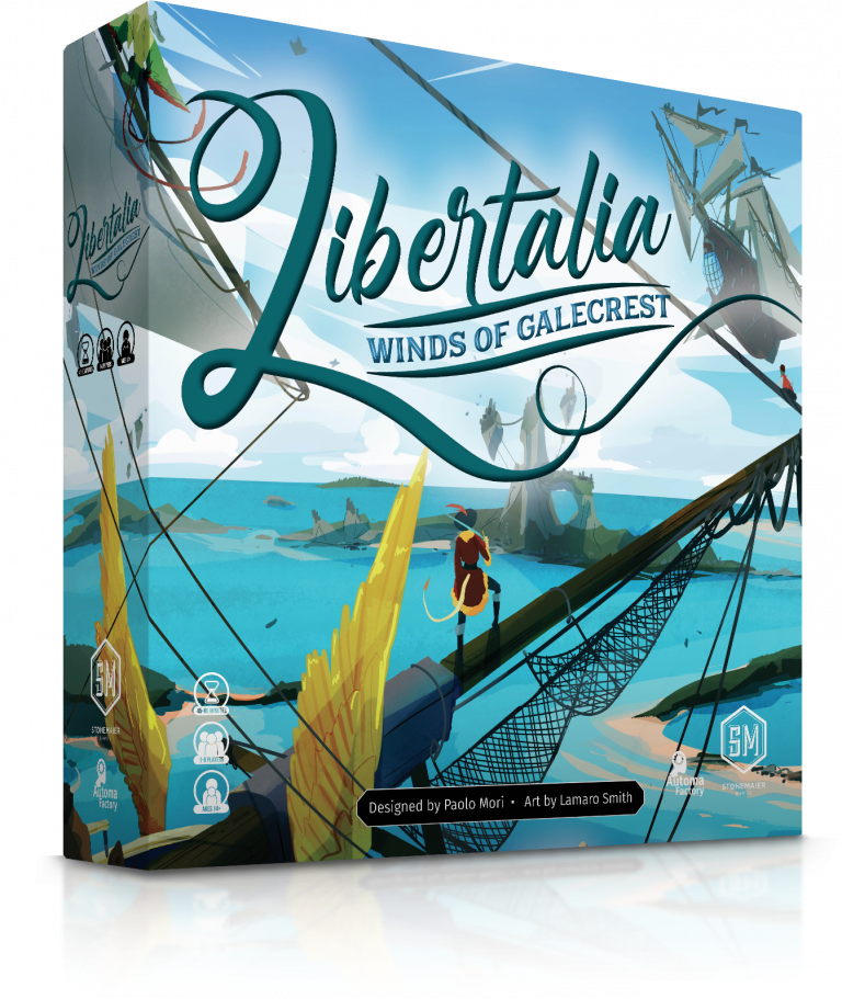 Libertalia - Libertalia board game box featuring pirate ship artwork on blue ocean background with seagulls and islands.