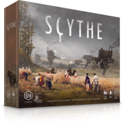 Scythe - Scythe board game box with art of soldiers and giant mechs in a misty field, muted earth tones.
