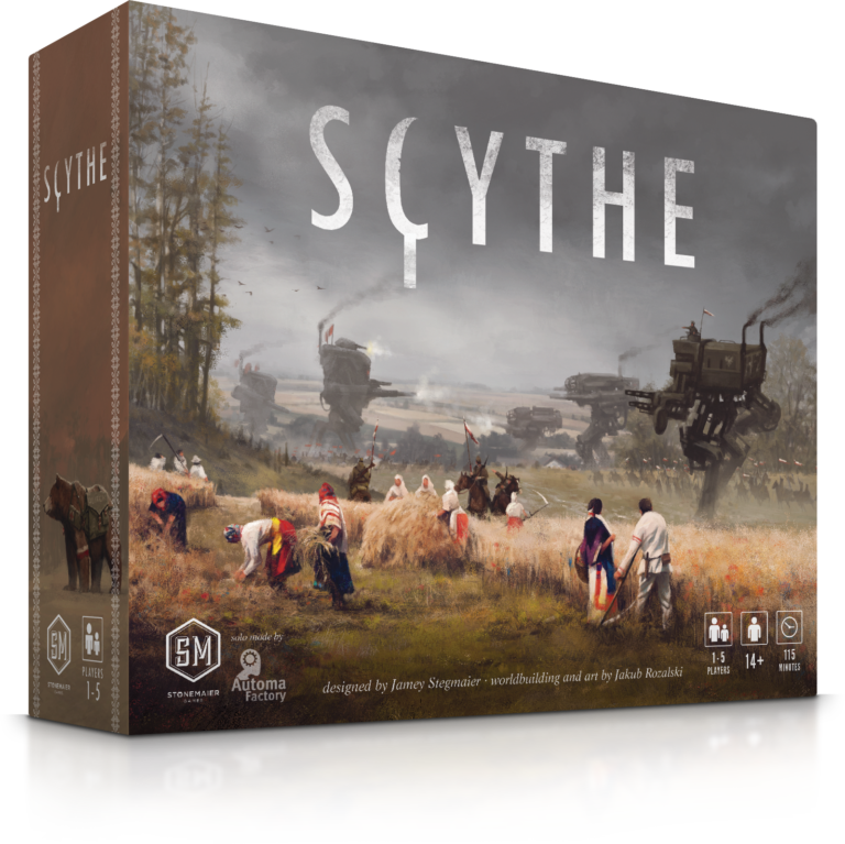 Scythe - Scythe board game box with art of soldiers and giant mechs in a misty field, muted earth tones.