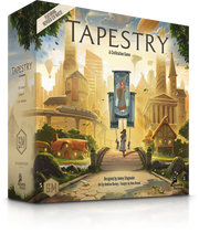 Tapestry - Colorful board game box with fantasy cityscape featuring futuristic towers, ancient buildings, and a central banner with a.