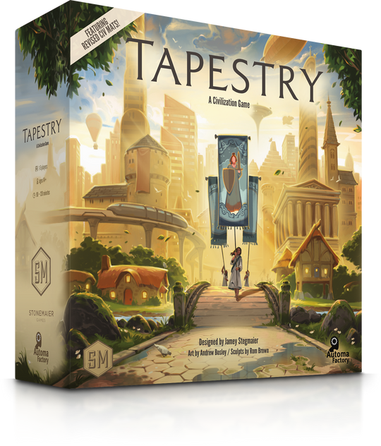 Tapestry - Colorful board game box with fantasy cityscape featuring futuristic towers, ancient buildings, and a central banner with a.