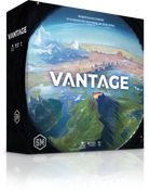 Vantage - Square board game box with a scenic landscape of mountains, valleys, and a colorful sky, featuring the bold white title.