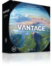 Vantage - Square board game box with a scenic landscape of mountains, valleys, and a colorful sky, featuring the bold white title.