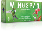 Wingspan: Americas Expansion - Rectangular green board game box with illustrations of a hummingbird on the left and a pink flamingo on the right, labeled.