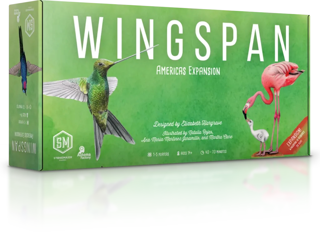 Wingspan: Americas Expansion - Rectangular green board game box with illustrations of a hummingbird on the left and a pink flamingo on the right, labeled.