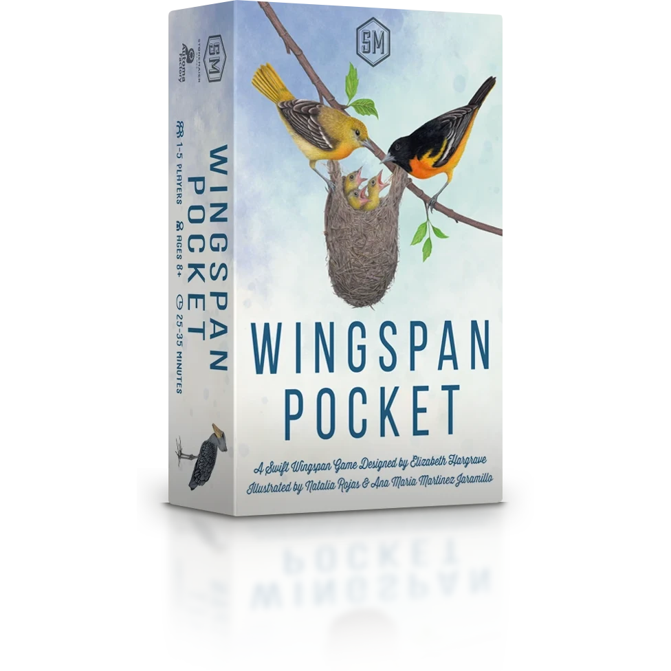 Wingspan Pocket - Compact rectangular Wingspan Pocket card game box with bird illustrations on light blue background.