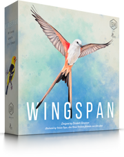 Wingspan - Board game box cover with a colorful bird in mid-flight against a blue and green watercolor background, titled Wingspan in.