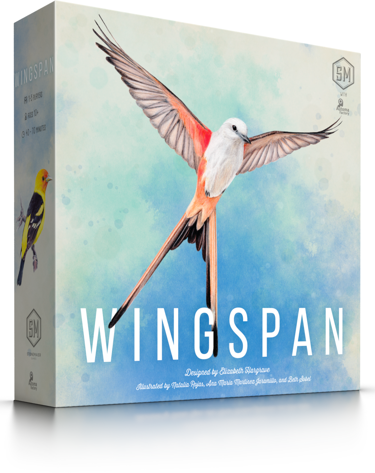 Wingspan - Board game box cover with a colorful bird in mid-flight against a blue and green watercolor background, titled Wingspan in.