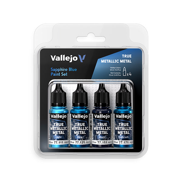 Vallejo True Metallic Metal Set: Sapphire Blue (4 Color Set), 18 ml. - Set of four 18ml Vallejo True Metallic Sapphire Blue acrylic paint bottles in black caps and clear plastic packaging.