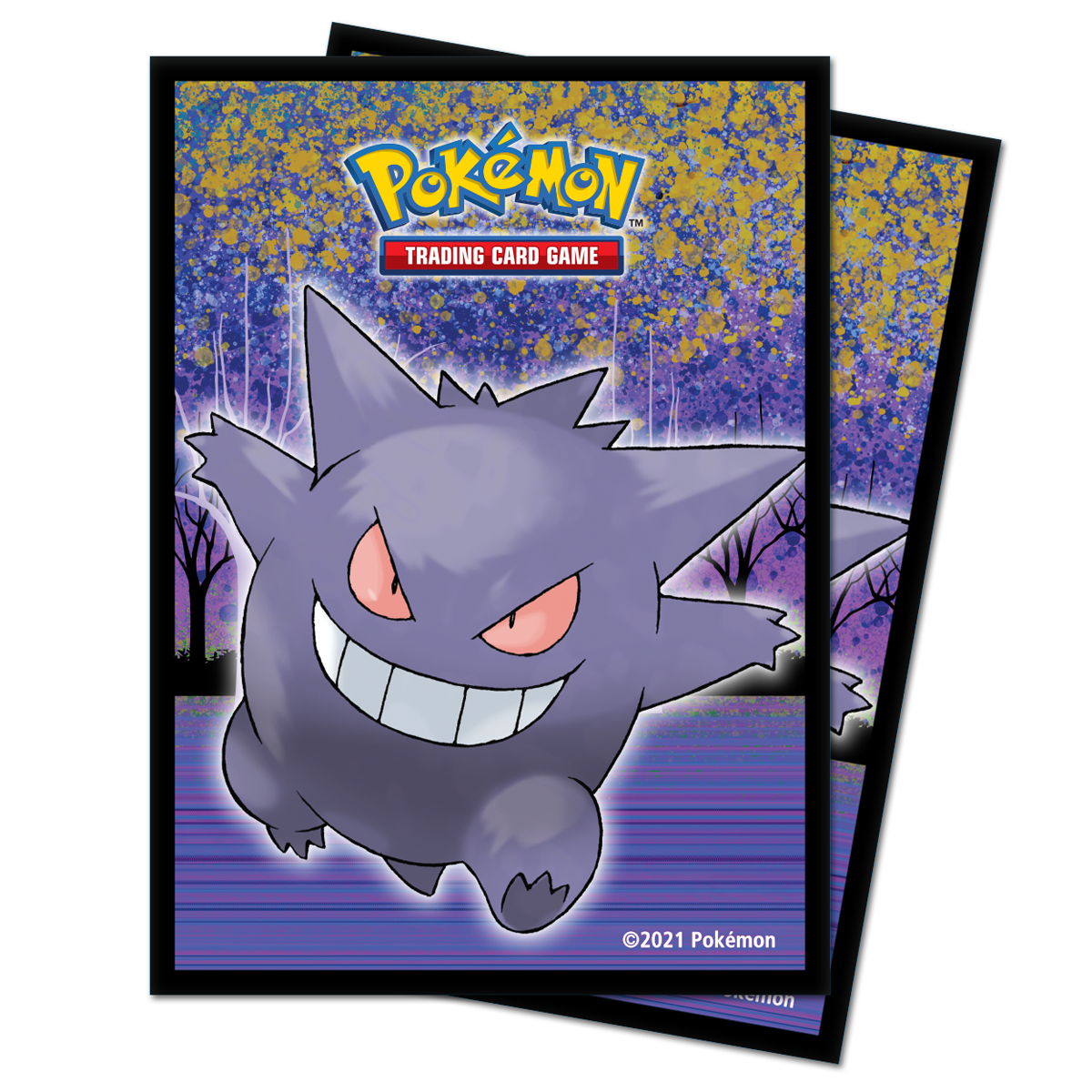 Ultra Pro Deck Protectors 65ct: Pokémon - Gallery Series Haunted Hollow (PREORDER) - Deck protectors featuring purple Gengar with red eyes, smiling against a dark, spooky forest background with yellow sparkles.
