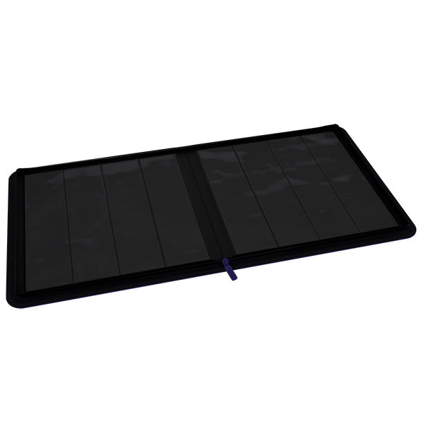 Arcane Fortress 12-Pocket Zippered Binder: Solid Color - Purple - Open black zippered binder with 12 clear plastic card pockets and fabric edges.