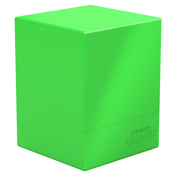Deck Case: Boulder 100+ Standard Size- Neon Green - Neon green matte plastic deck box with a rectangular shape and sharp edges, embossed "Ultimate Guard" logo on front bottom.