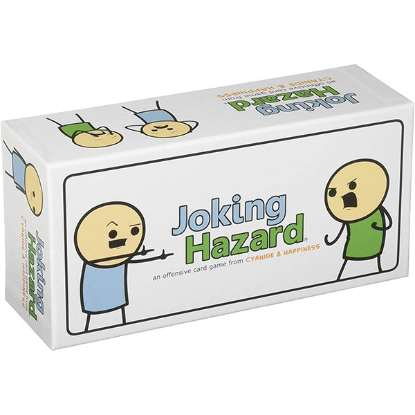 Joking Hazard (PREORDER) - Rectangular white board game box with cartoon characters and colorful "Joking Hazard" text on the front and sides.