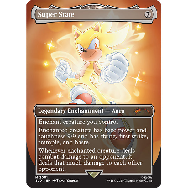 MTG: Secret Lair X Sonic- Friends and Foes, Nonfoil - The Gathering card featuring glowing white and yellow Sonic character with clenched fists, framed in brown with gold text.