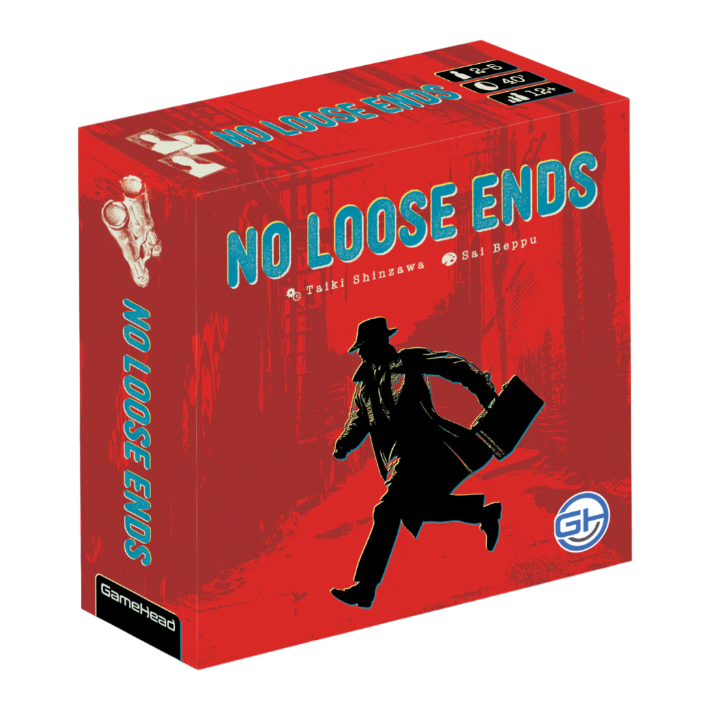 No Loose Ends - Red rectangular card game box with silhouette of a running man in a hat holding a briefcase, titled No Loose Ends in bold.