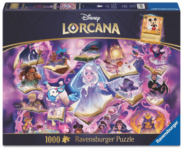 1000 Piece Puzzle: Disney Lorcana Glimmers of the Realm - Amethyst - Colorful 1000-piece Disney Lorcana puzzle box with magical fantasy characters and glowing purple amethyst theme.