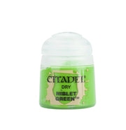 Citadel Dry Paint: Niblet Green - Small round plastic pot of bright green Citadel Dry Paint labeled Niblet Green with a flip-top lid.