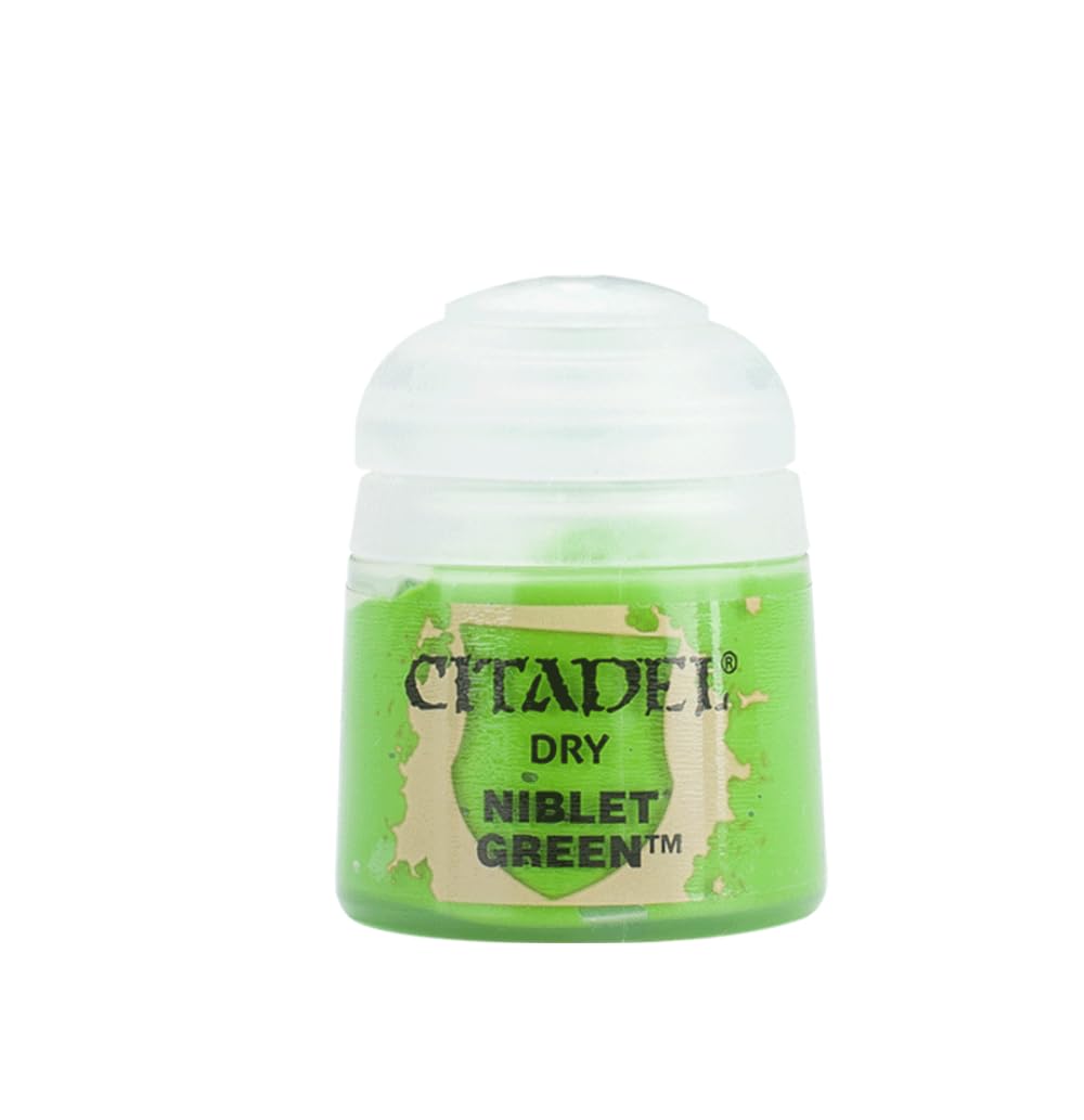 Citadel Dry Paint: Niblet Green - Small round plastic pot of bright green Citadel Dry Paint labeled Niblet Green with a flip-top lid.