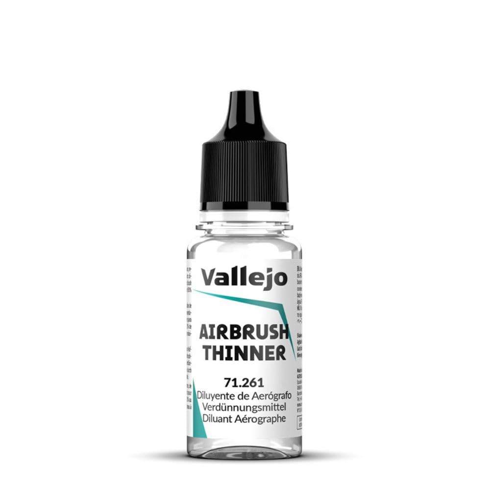 Vallejo Airbrush Thinner (18ml) - Clear plastic 18ml bottle with black cap labeled Vallejo Airbrush Thinner in black and turquoise text.