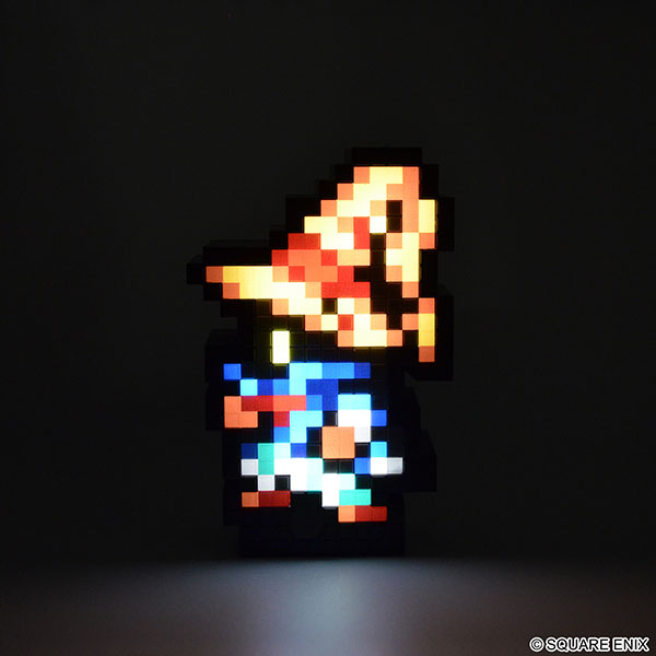 Final Fantasy Pixelight Neo: FFRK Vivi Ornitier (PREORDER) - Pixelated figurine of Vivi Ornitier with orange wizard hat, blue robe, and glowing yellow eyes against black background.