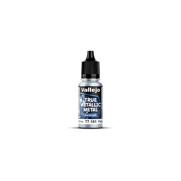 Vallejo True Metallic Metal Airbrush: Sterling Silver (18ml) - Small clear plastic bottle with black dropper cap, labeled Vallejo True Metallic Metal Airbrush paint in sterling silver.