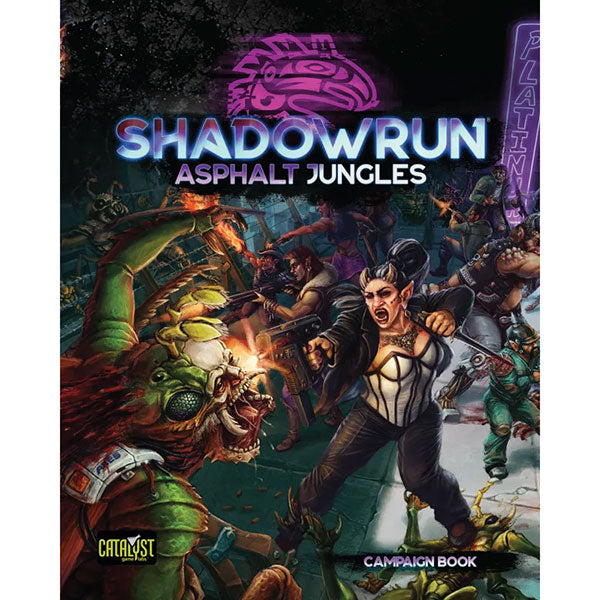Shadowrun: Asphalt Jungles (PREORDER) - Asphalt Jungles campaign book with dark, futuristic cover art featuring a fierce female warrior and an armored creature in.