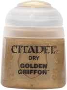 Citadel Dry Paint: Golden Griffon - Small square clear plastic pot of Citadel Dry Paint in a muted golden-brown shade labeled Golden Griffon.