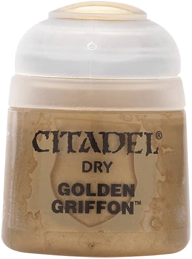 Citadel Dry Paint: Golden Griffon - Small square clear plastic pot of Citadel Dry Paint in a muted golden-brown shade labeled Golden Griffon.
