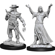 WizKids Deep Cuts Miniatures: Plague Doctor & Cultist - One a plague doctor wearing a wide-brimmed hat, mask with beak, long coat, holding a lantern and sword; the other a cultist.