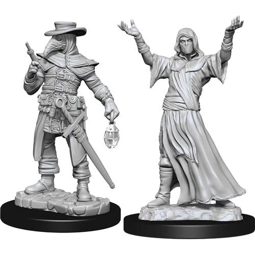 WizKids Deep Cuts Miniatures: Plague Doctor & Cultist - One a plague doctor wearing a wide-brimmed hat, mask with beak, long coat, holding a lantern and sword; the other a cultist.